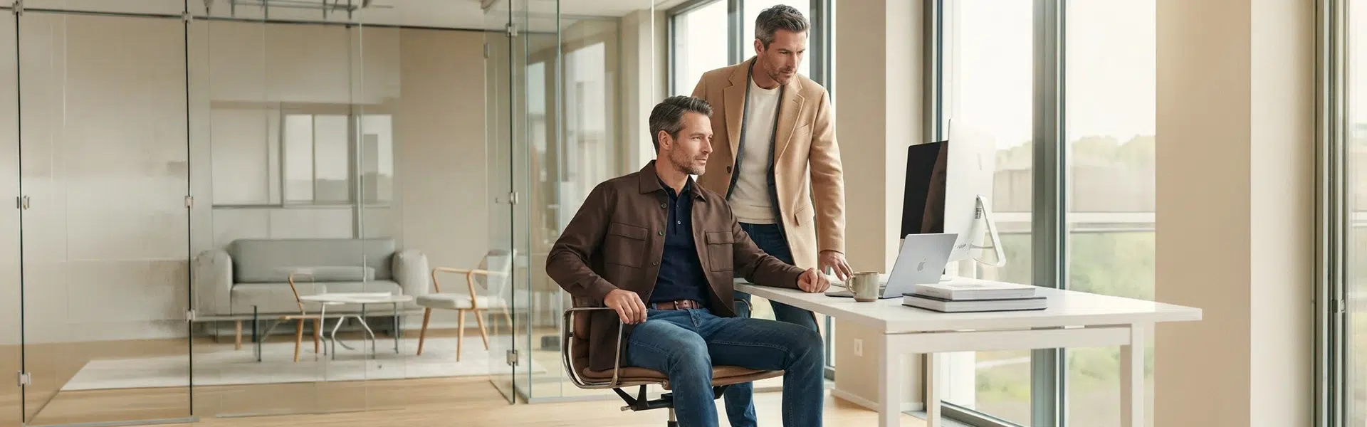 Braune Lederjacke und beiges Sakko mit weißem Shirt, Business-Casual-Look im modernen Büro