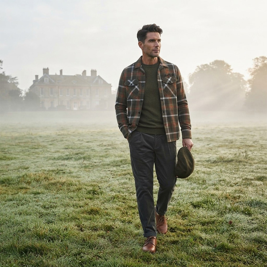 Mann in kariertem Overshirt braun-grau über olivgrünem Shirt mit dunkler Chino, Freizeitlook