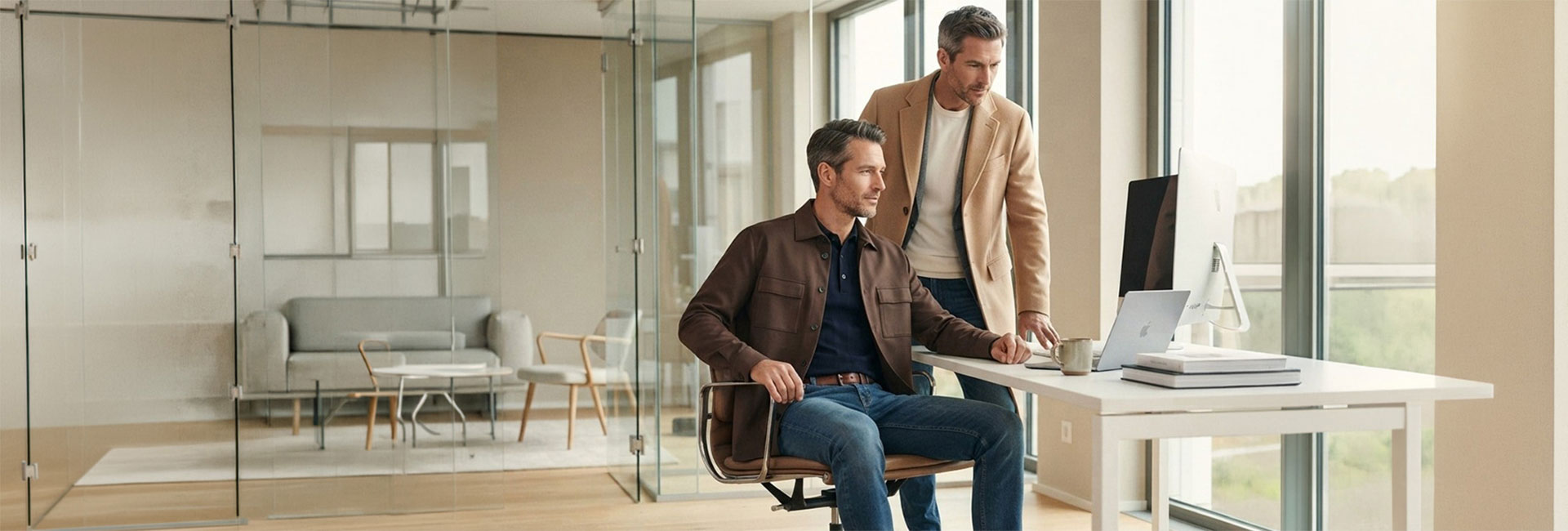 Mann in brauner Lederjacke mit Poloshirt und Beigefarbener Sakko mit weißem Shirt im modernen Büro