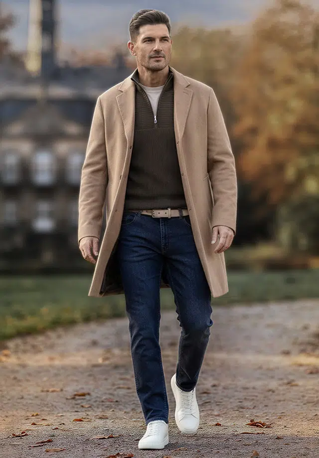 Mann in beigem Wollmantel mit Stehkragenpullover und dunkler Jeans, eleganter Freizeitlook
