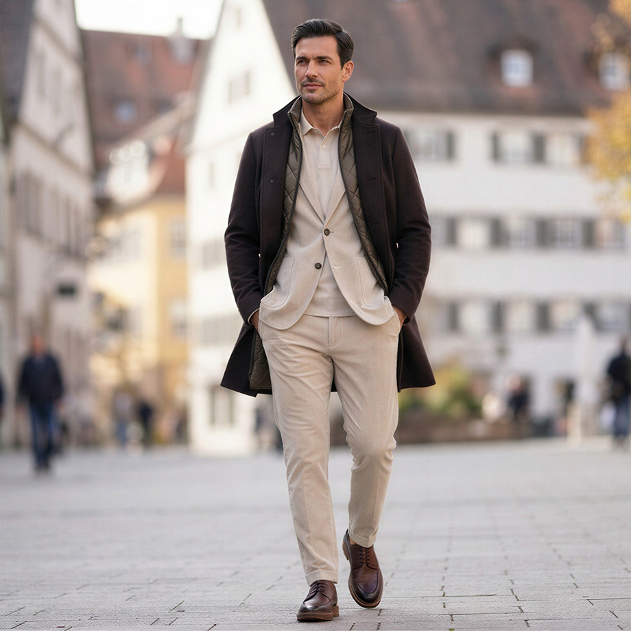 Mann in beigem Anzug mit schwarzem Wollmantel und kariertem Schal, Business-Casual-Look für Herbst