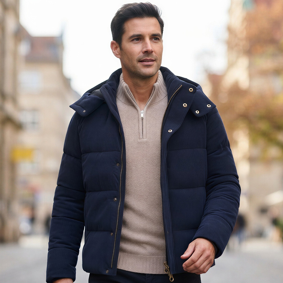 Mann in marineblauer Steppjacke und beigem Strickpullover mit Reißverschluss, Freizeitlook für Herbst