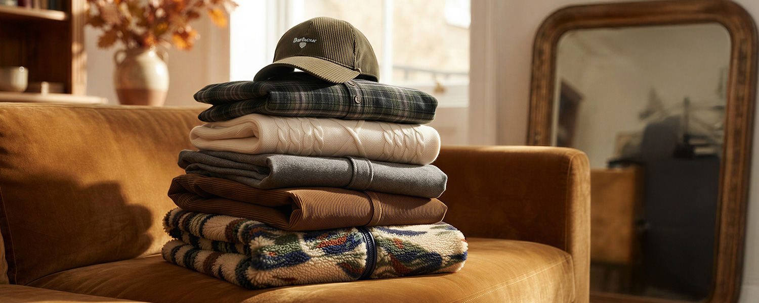 Gestapelte Herrenmode-Kollektion mit Cord-Cap, Hemden und Strickpullover in Herbstfarben auf Ledersofa