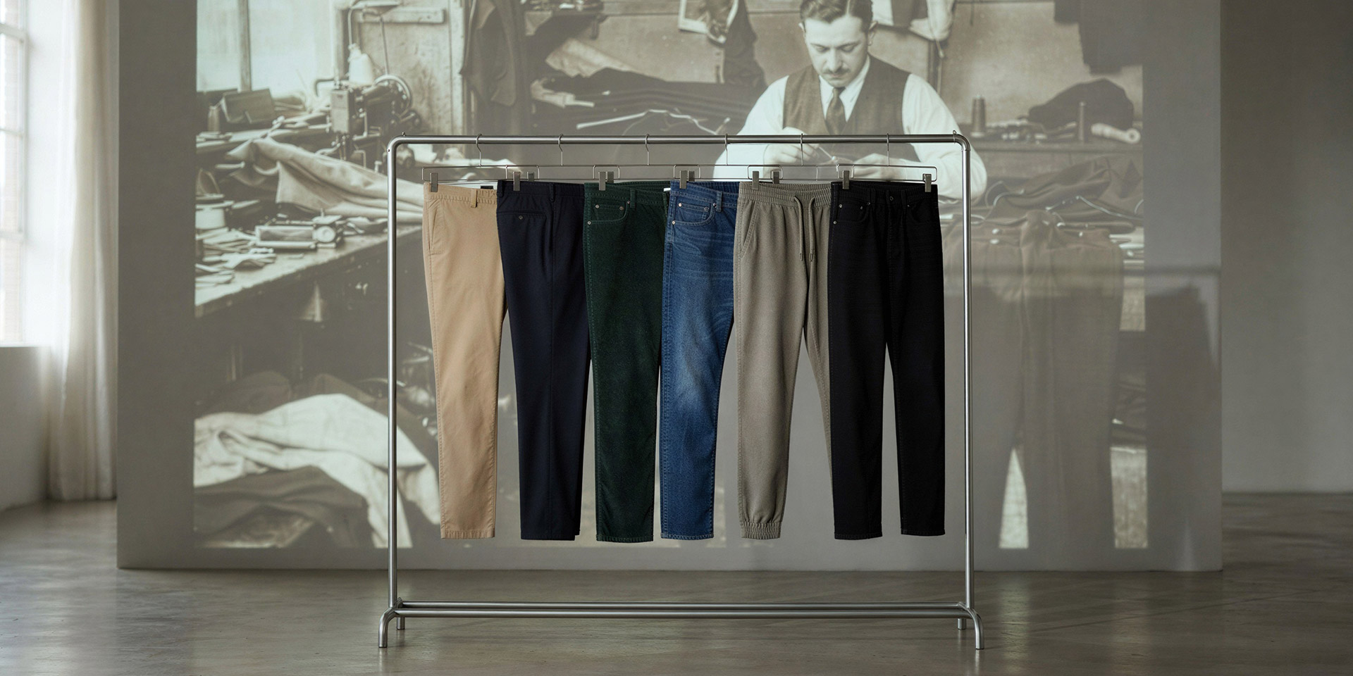 Herrenhosen-Kollektion auf Kleiderständer: Chinos, Jeans und Stoffhosen in Beige, Dunkelblau, Grün, Blau, Grau und Schwarz