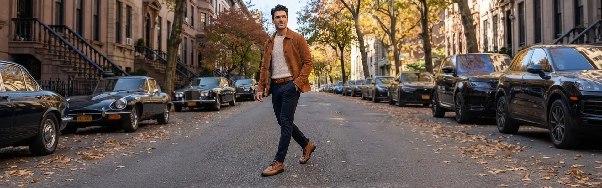 Mann in cognacfarbener Wildlederjacke mit beigem Pullover und dunkler Chino in urbaner Herbststraße