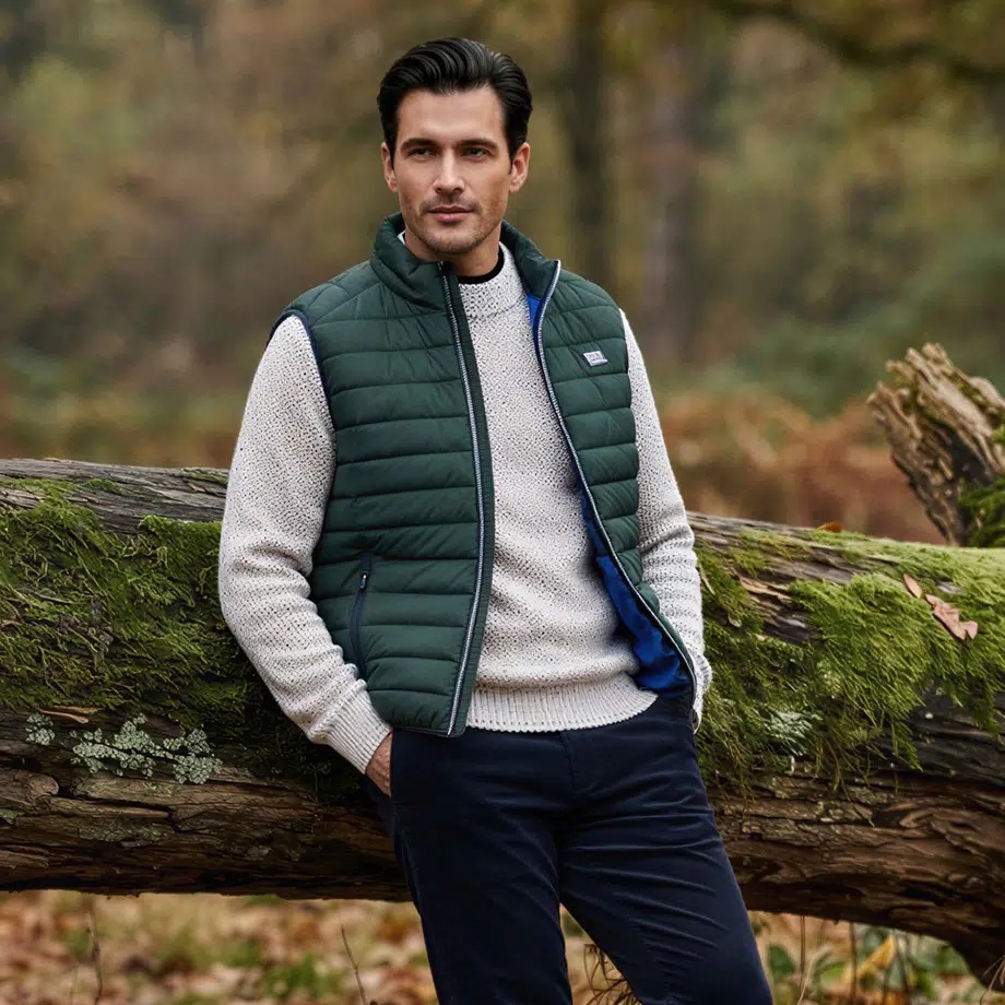 Mann in dunkelgrüner Steppweste über beigem Strickpullover, Freizeit-Outfit im Herbst