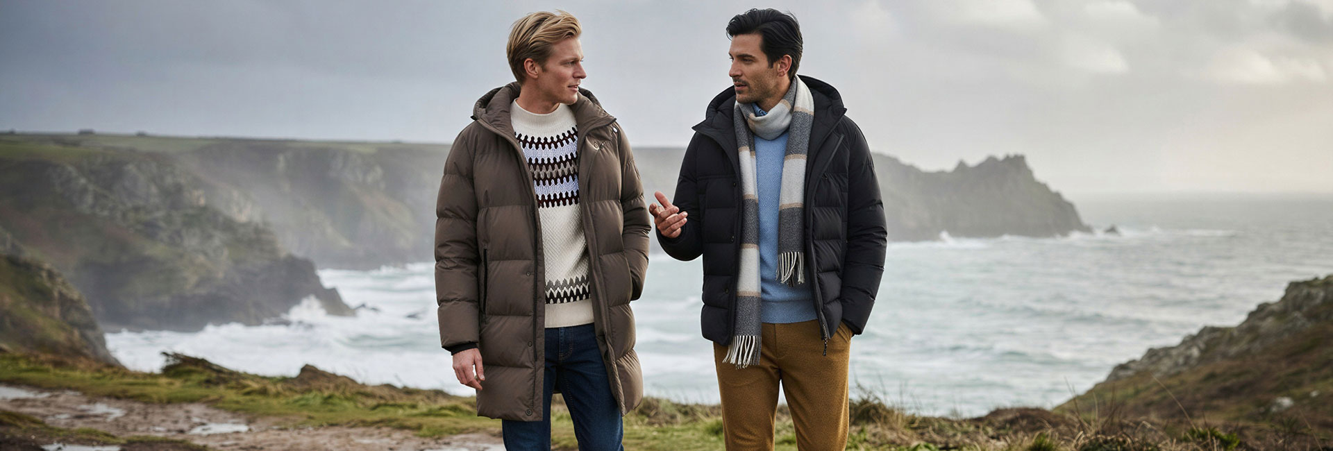 Zwei Männer in Daunenjacken und Strickpullover bei Küstenspaziergang, Herbst-Wintermode
