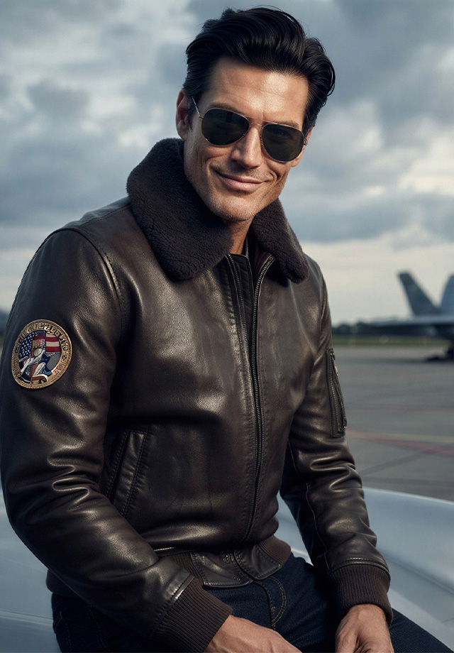 Mann in brauner Leder-Bomberjacke mit Schaffellfutter und Sonnenbrille vor Flugzeug