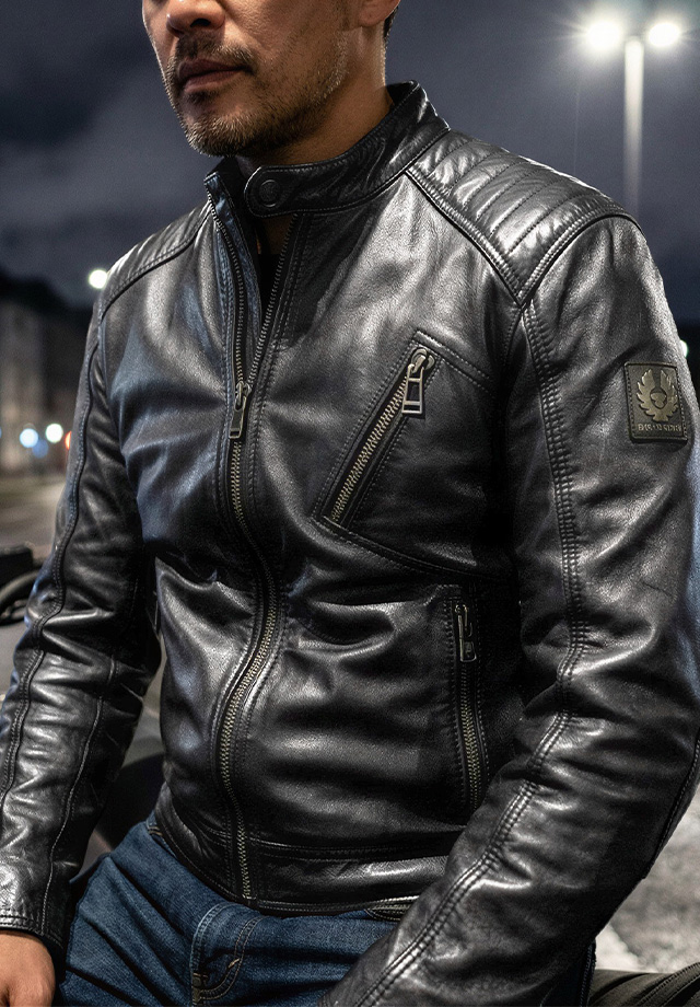 Schwarze Lederjacke mit Steppnähten und Reißverschlusstaschen, Mann in Freizeitkleidung