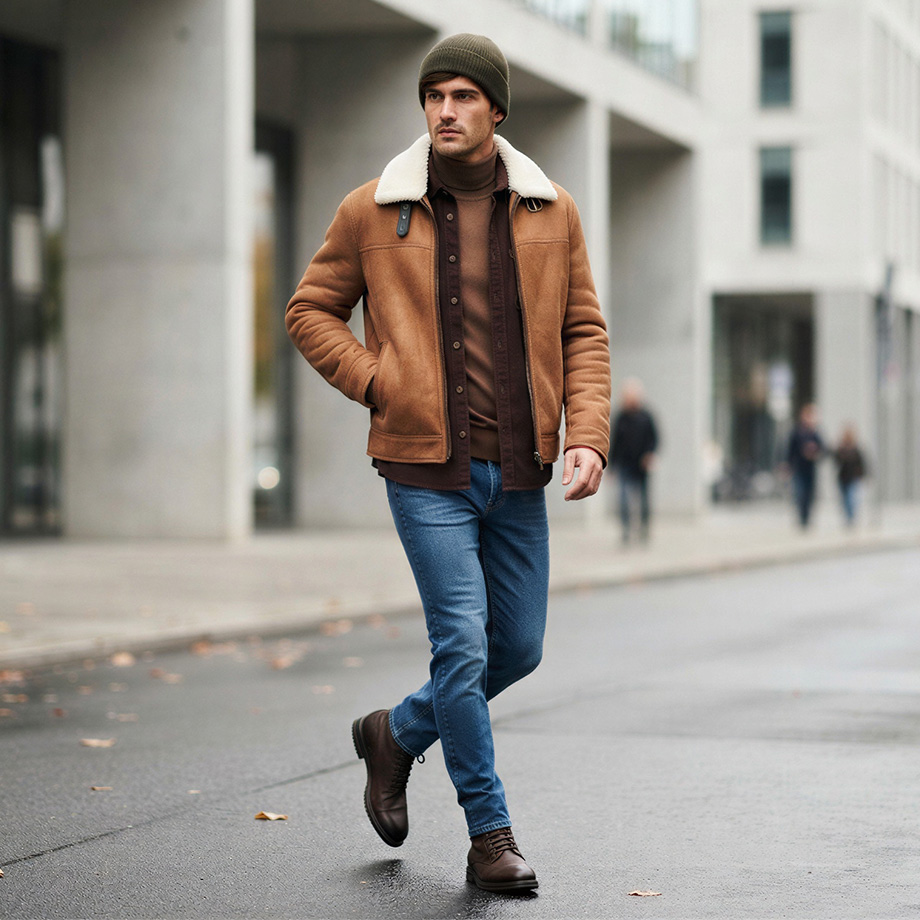 Mann in camel-brauner Lammfelljacke mit Rollkragenpullover und Jeans, urbaner Freizeitlook