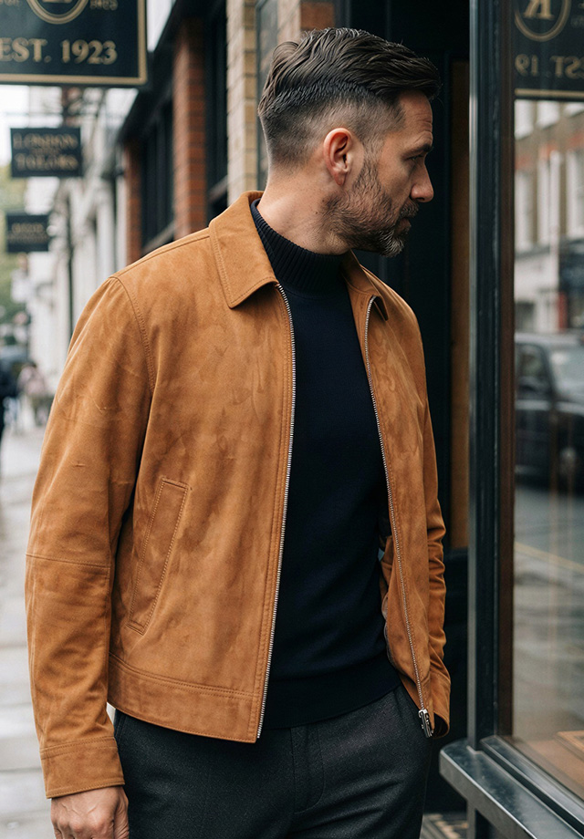 Mann in cognacfarbener Veloursleder-Jacke mit schwarzem Rollkragenpullover, Business-Casual-Look