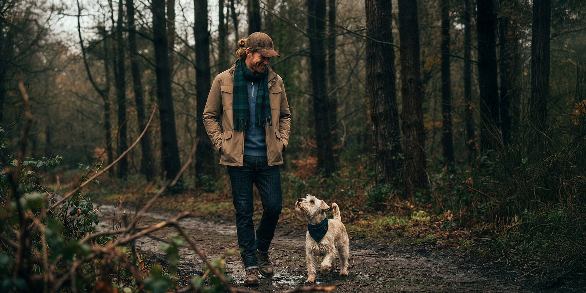 Mann in beiger Fieldjacket mit blauem Pullover und kariertem Schal beim Herbstspaziergang im Wald
