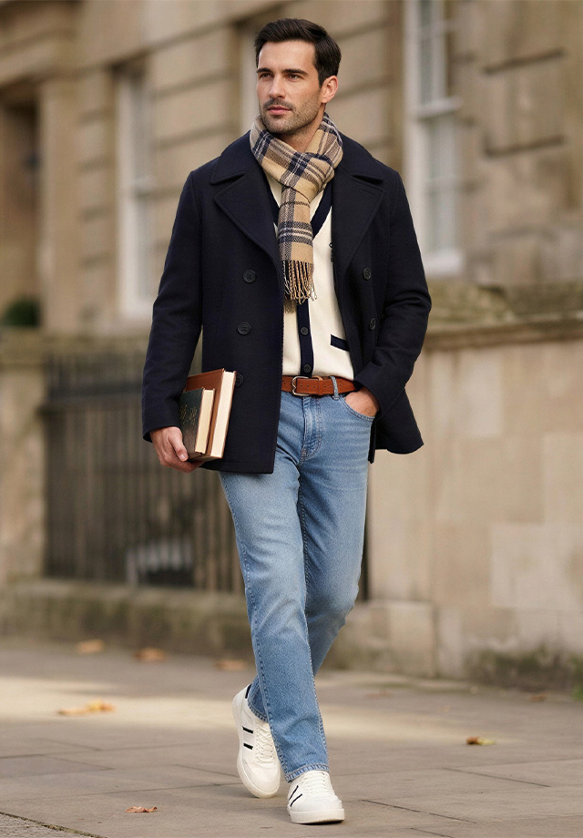 Mann in marineblauem Wollmantel mit kariertem Schal, beigem Pullover und Jeans, Business-Casual-Look