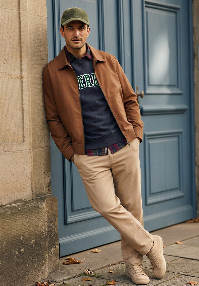 Mann in brauner Freizeitjacke über dunklem Sweatshirt und beiger Chino, lässiger Smart-Casual-Look
