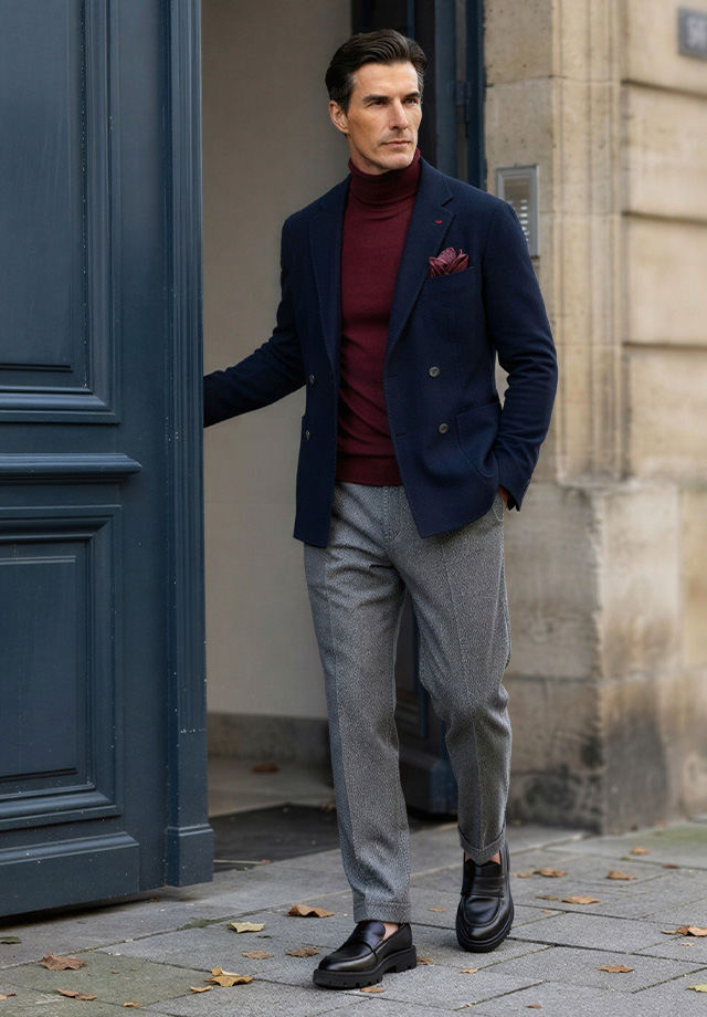 Mann in marineblauem Sakko mit bordeauxrotem Rollkragenpullover und grauer Hose, Business-Casual-Outfit