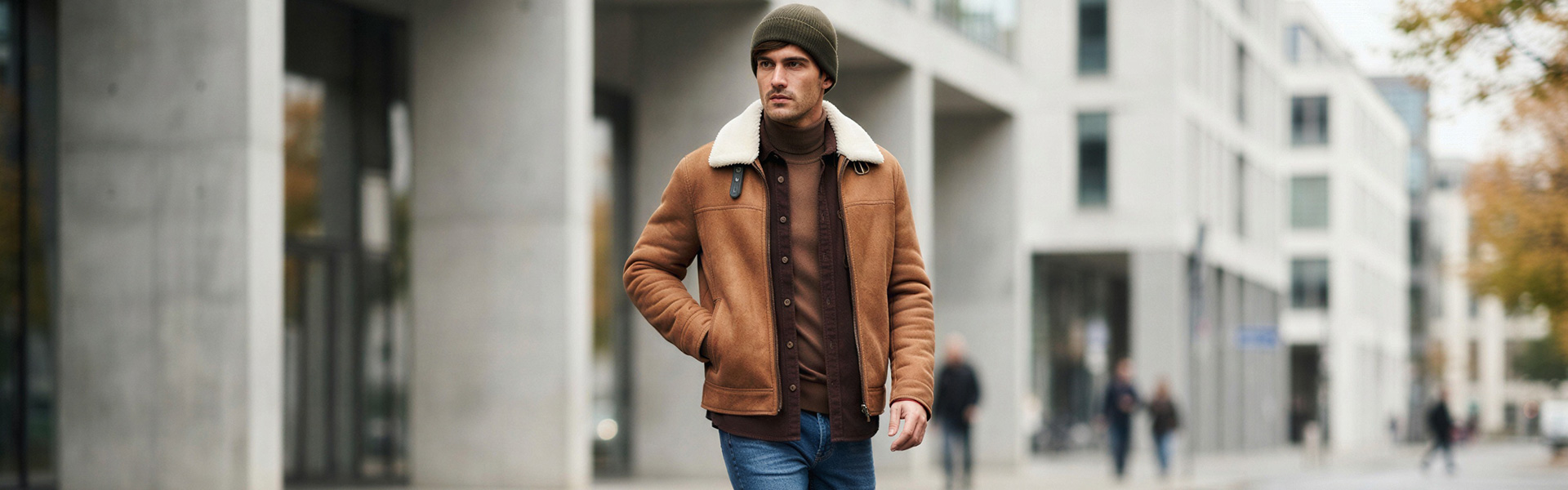 Mann in brauner Lammfelljacke mit Rollkragenpullover und olivgrüner Strickmütze in urbaner Umgebung