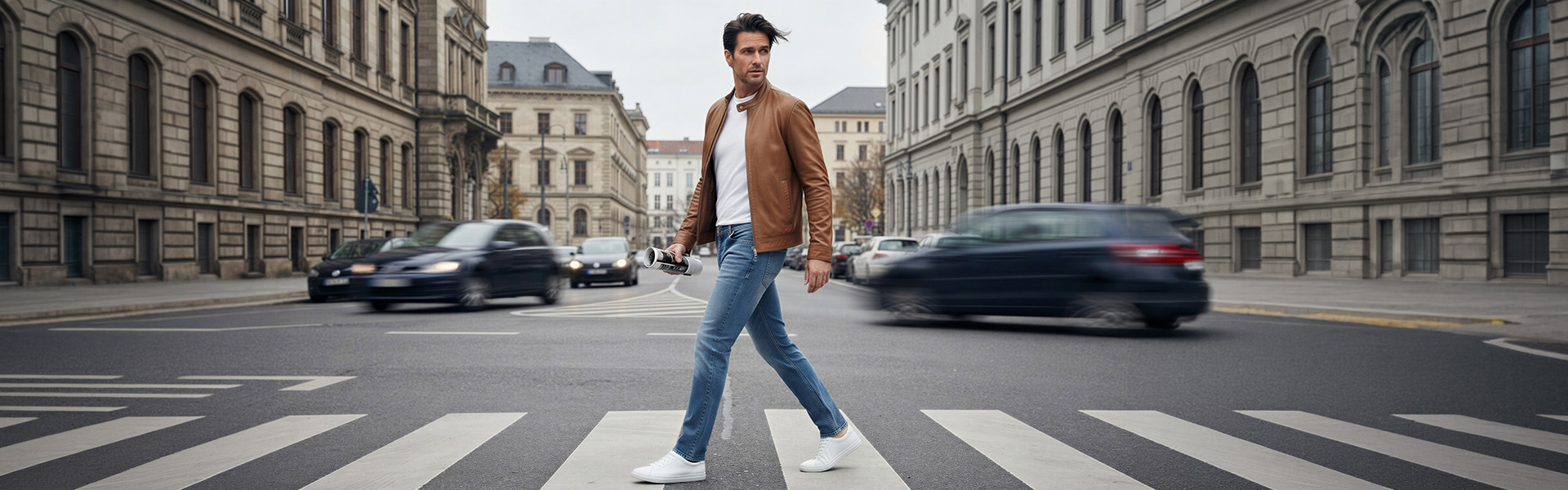 Mann in cognacfarbener Lederjacke mit weißem Shirt und blauen Jeans beim Überqueren der Straße