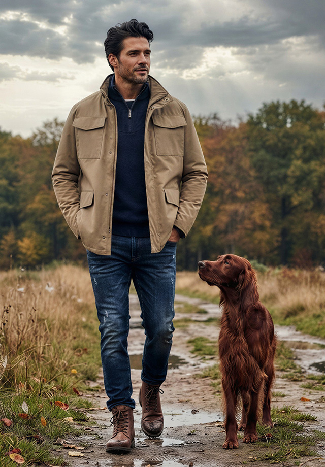 Mann in beiger Fieldjacket über marineblauem Pullover und Jeans beim Herbstspaziergang mit Hund