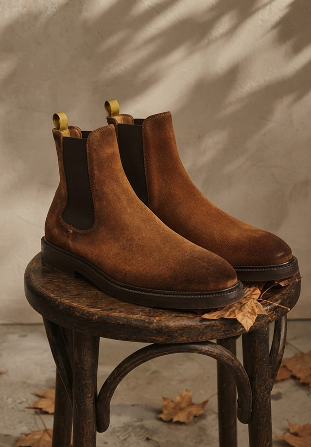 Chelsea-Boots aus braunem Wildleder mit elastischem Einsatz auf rustikalem Holzhocker