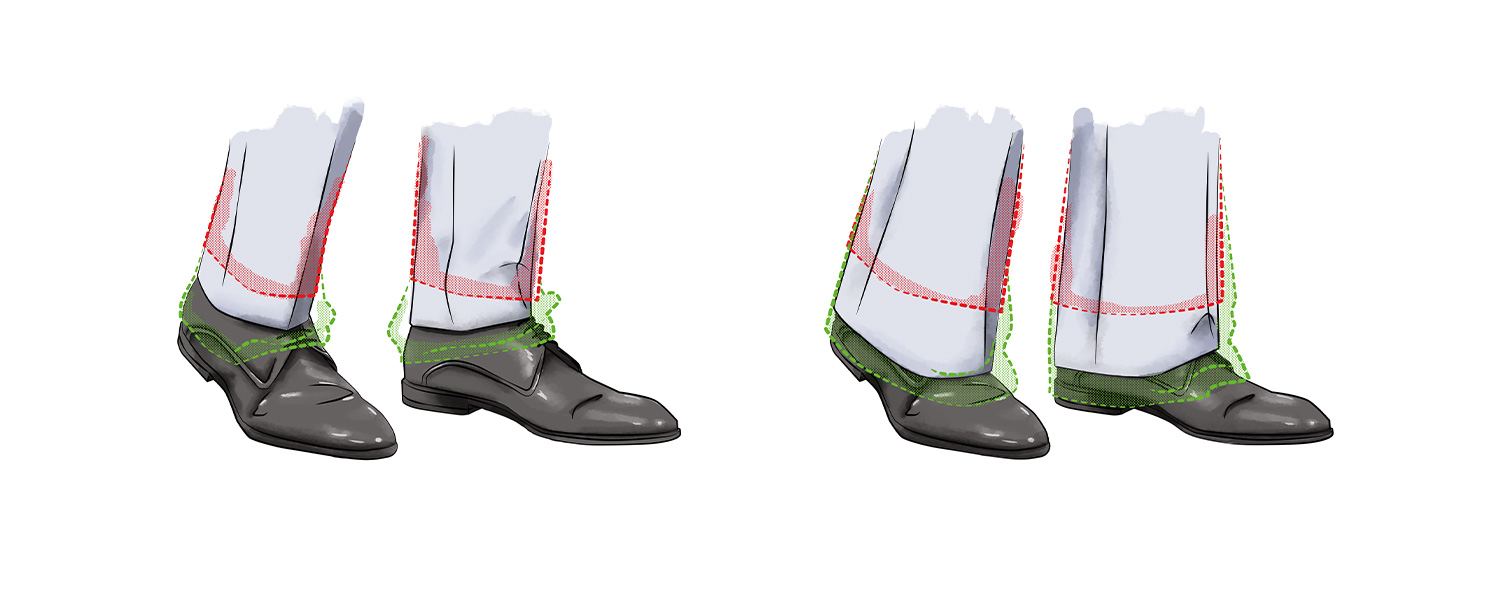Schwarze Business-Schuhe mit weißen Socken und grünen Sockenhaltern, klassische Herrenschuhe