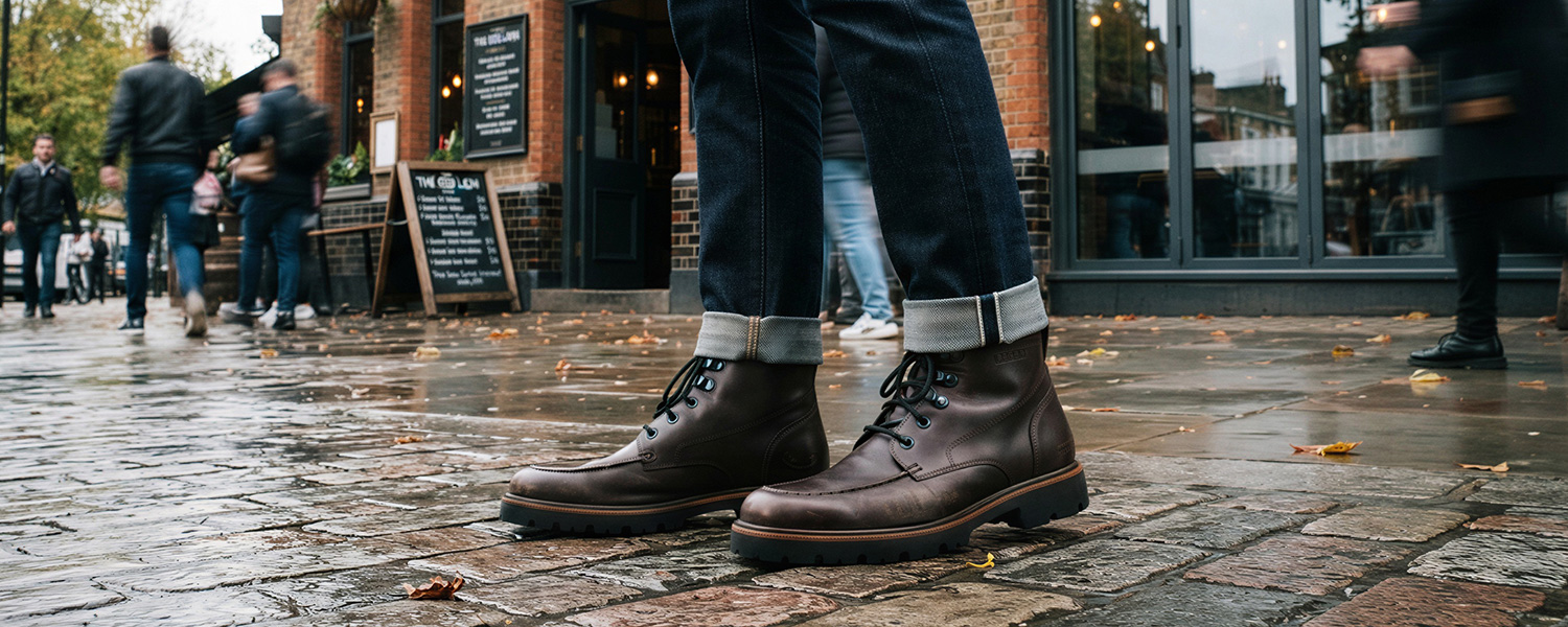 Braune Schnürstiefel aus Leder zu Jeans mit Umschlag, Urban-Casual-Look im Herbst
