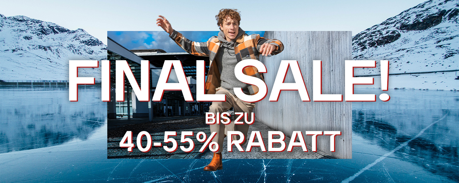 Im Vordergrund ein Mann in beige-orange karierter Wolljacke und grauem Pullover, winterlicher Hintergrund mit Final Sale Schriftzug