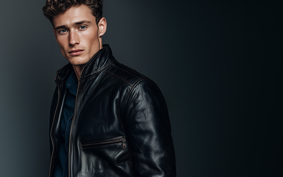 Mann in schwarzer Lederjacke mit Reißverschlüssen, über dunkelblauem Hemd