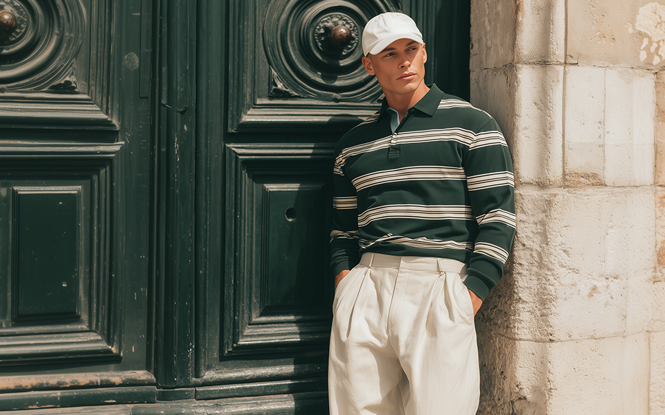 Gestreiftes Langarm-Poloshirt in Dunkelgrün mit weißer Kappe, lässig getragen
