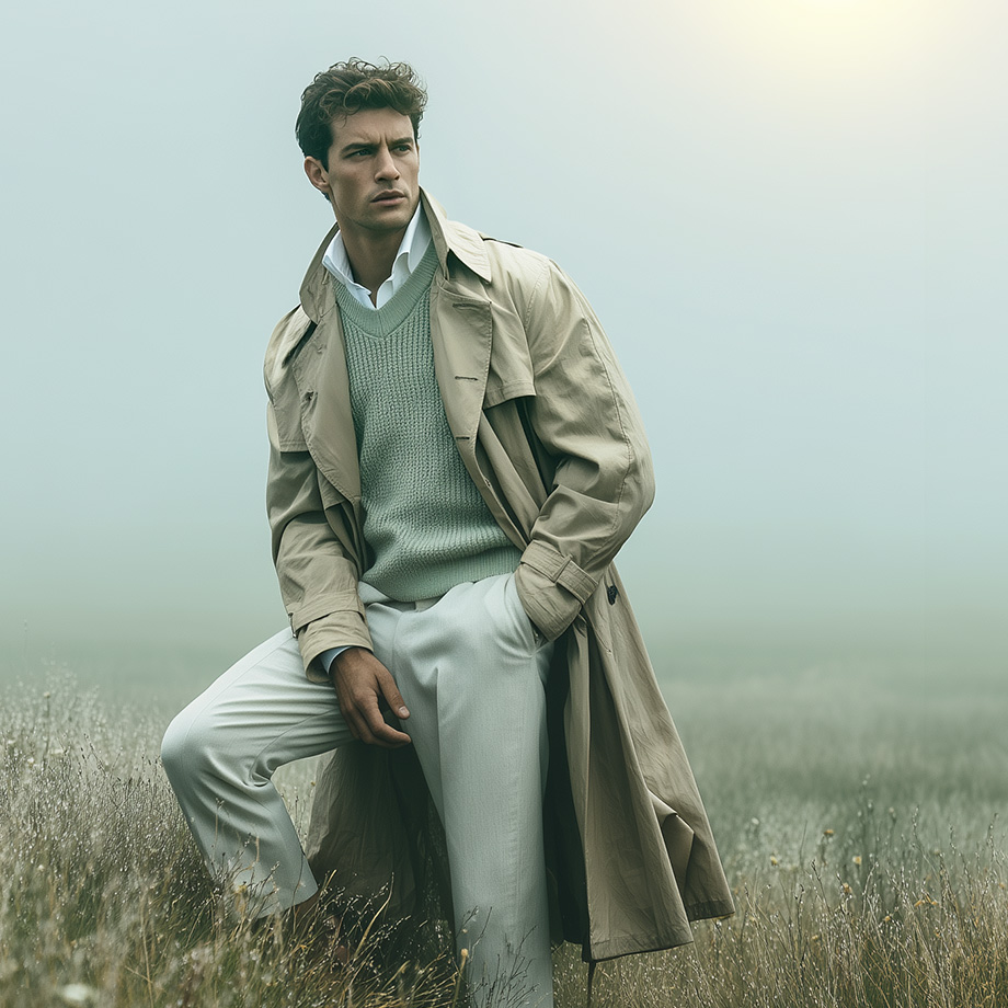 Mann im beigen Trenchcoat und mintgrünem Pullover auf Wiese, leger gestylt