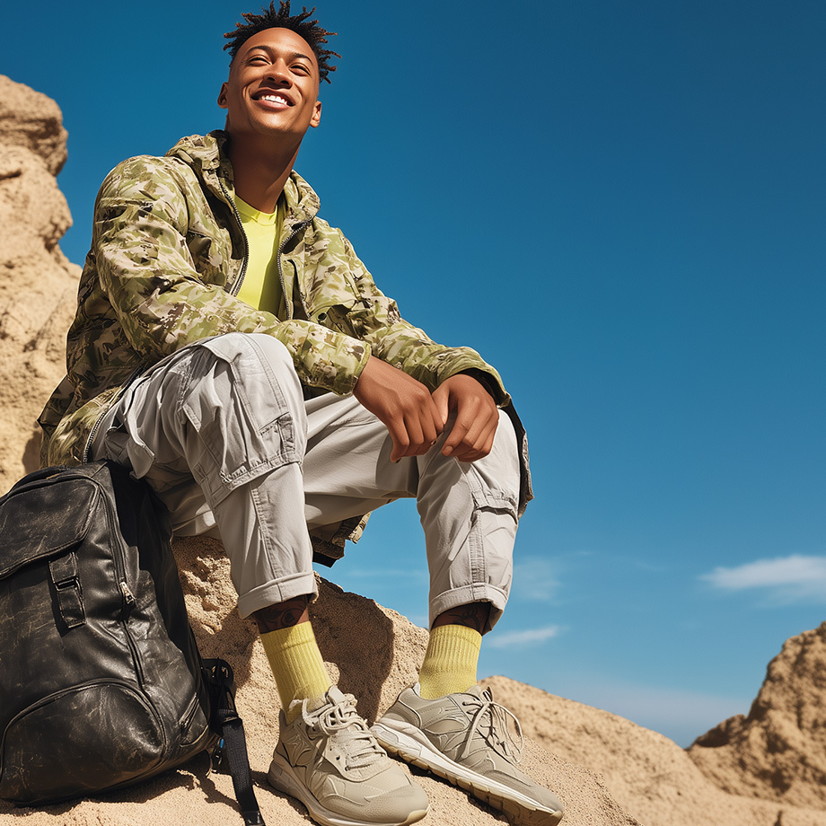 Tarnjacke mit Camouflage-Muster und beigefarbener Cargohose in Outdoor-Kulisse