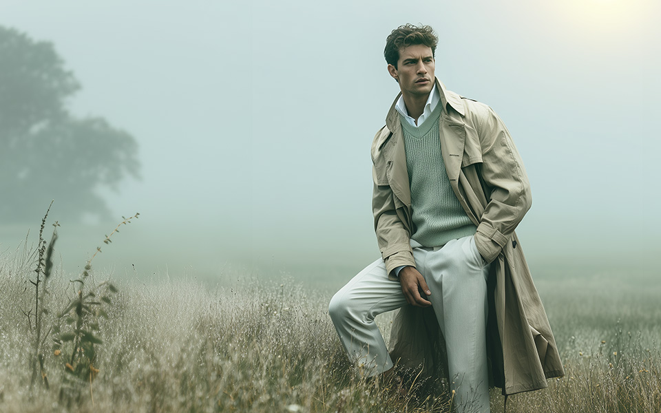 Mann im beigen Trenchcoat mit hellgrünem Pullover in nebliger Landschaft