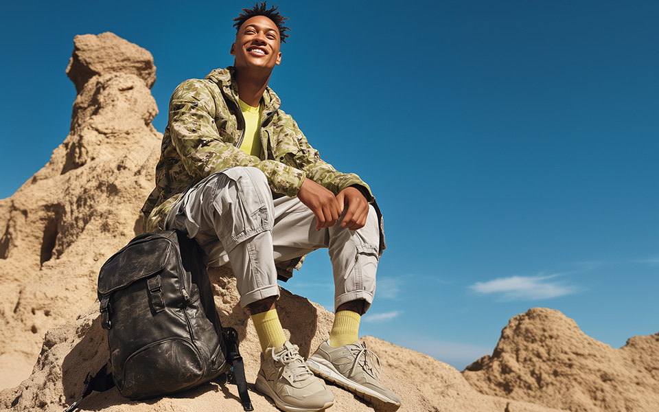 Tarnjacke mit Camouflage-Muster und beigefarbener Cargohose in Outdoor-Kulisse