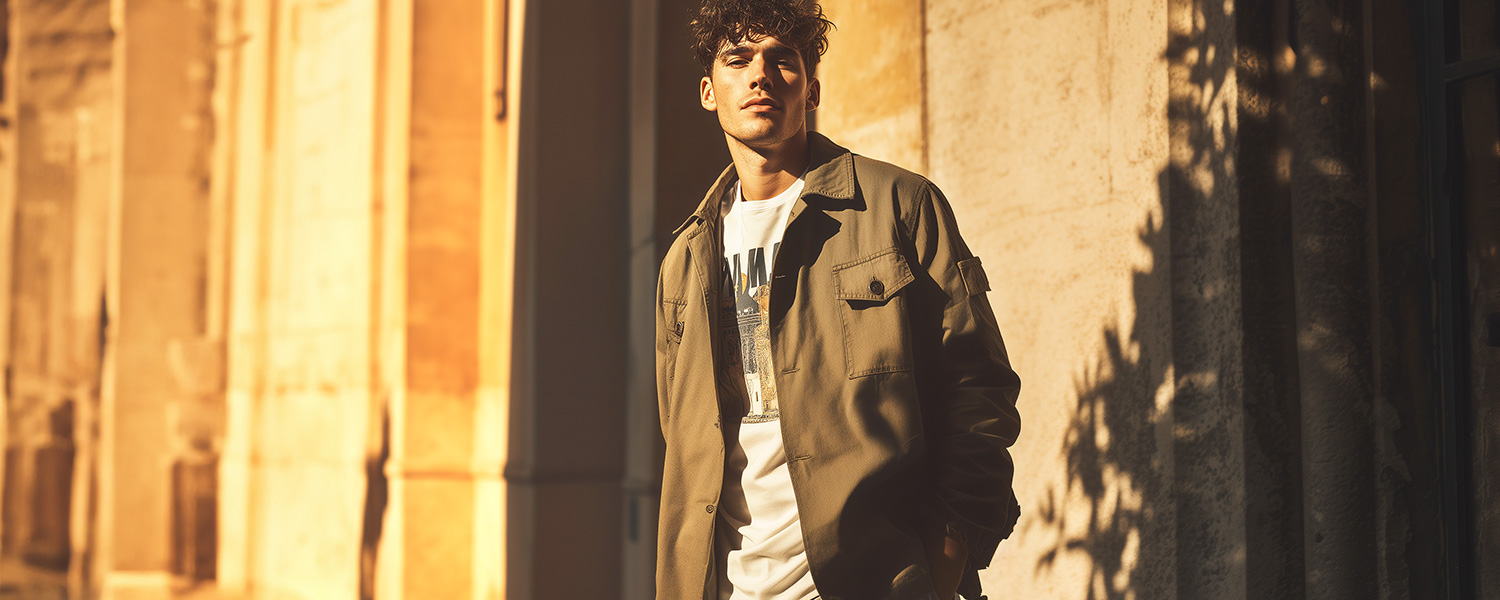 Mann in olivgrüner Jacke und weißem T-Shirt, leger auf der Straße