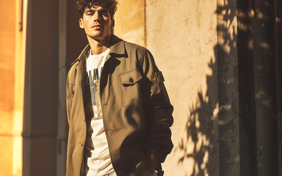 Mann in olivgrüner Jacke über bedrucktem T-Shirt in der Sonne stehend