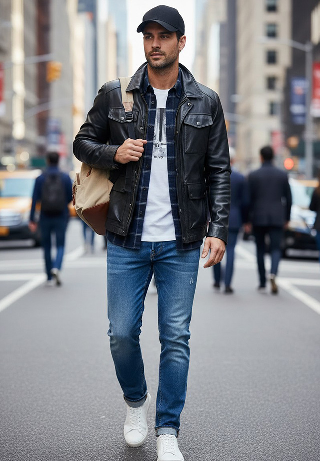Mann in schwarzer Lederjacke über kariertem Hemd, blaue Jeans, weiße Sneaker, trägt Rucksack in der Stadt
