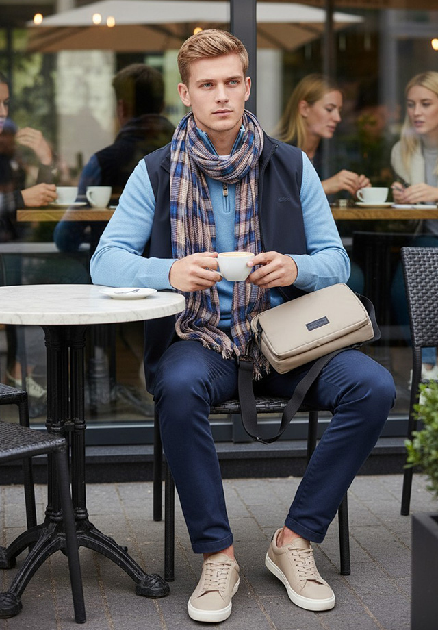 Hellblauer Strickpullover mit Schalkragen, dunkle Weste, kariertem Schal, Freizeit in Café