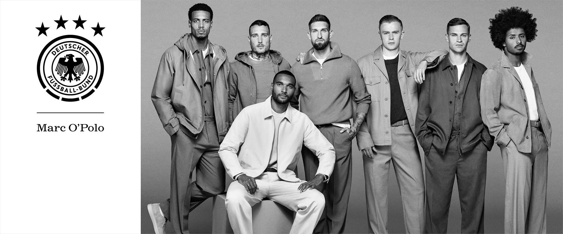 Herren in neutralen Anzügen und Jacken, stilvoll präsentiert in Studioaufnahme, klassischer Schnitt.