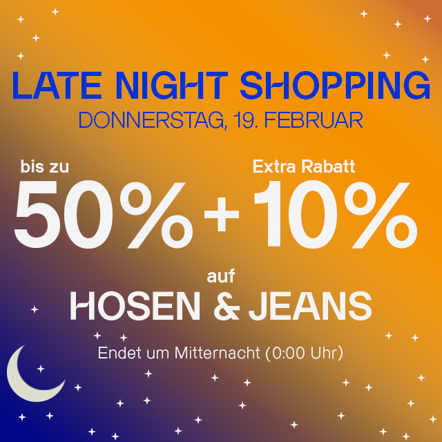 Werbegrafik mit Rabattankündigung für Hosen und Jeans, bis zu 50% Rabatt, extra 10% am 19. Februar