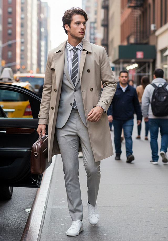Mann in beigefarbenem Trenchcoat über grauem Anzug mit Krawatte, trägt Aktentasche und weiße Sneaker
