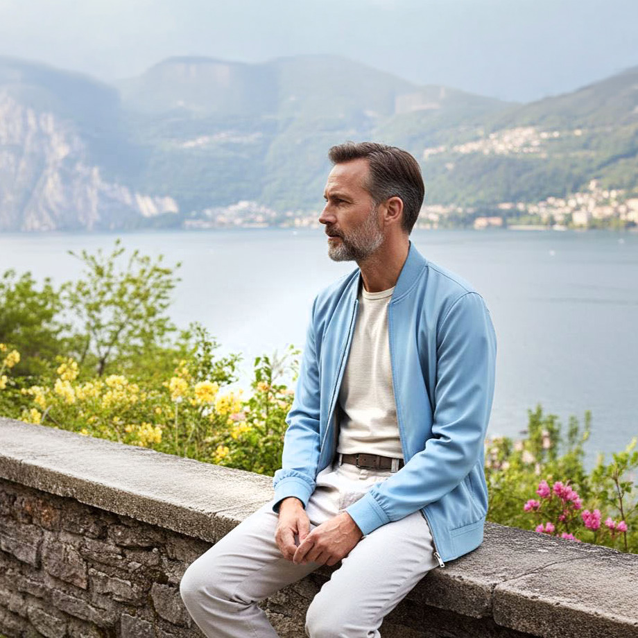 Hellblaue Jacke aus Baumwolle, über weißem T-Shirt, lässig getragen im Freien