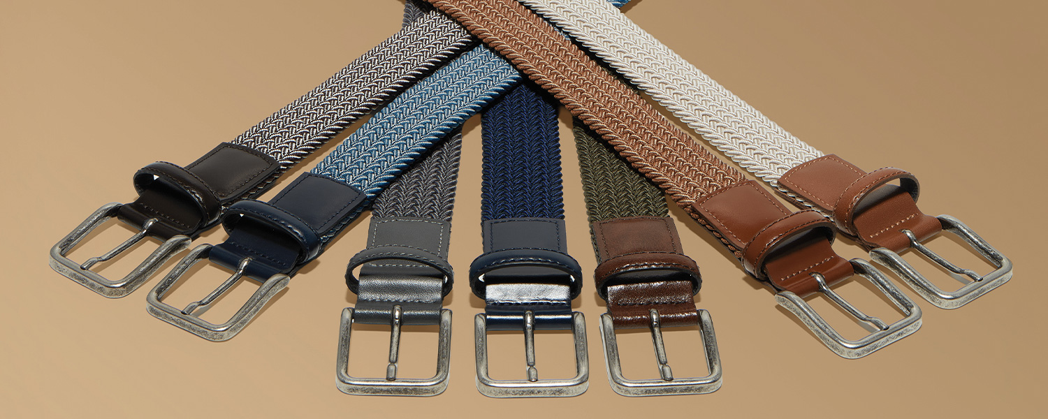 Flechtgürtel in Blau, Grau, Oliv, Braun und Creme, gewebte Textur, silberne Schnalle