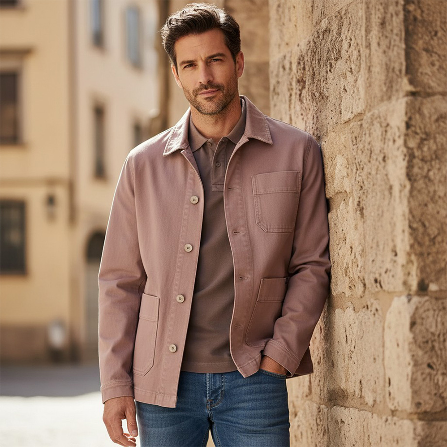 Hellbraune Jacke aus Baumwolle über grauem Poloshirt, Mann in Jeans, leger angelehnt an Steinwand