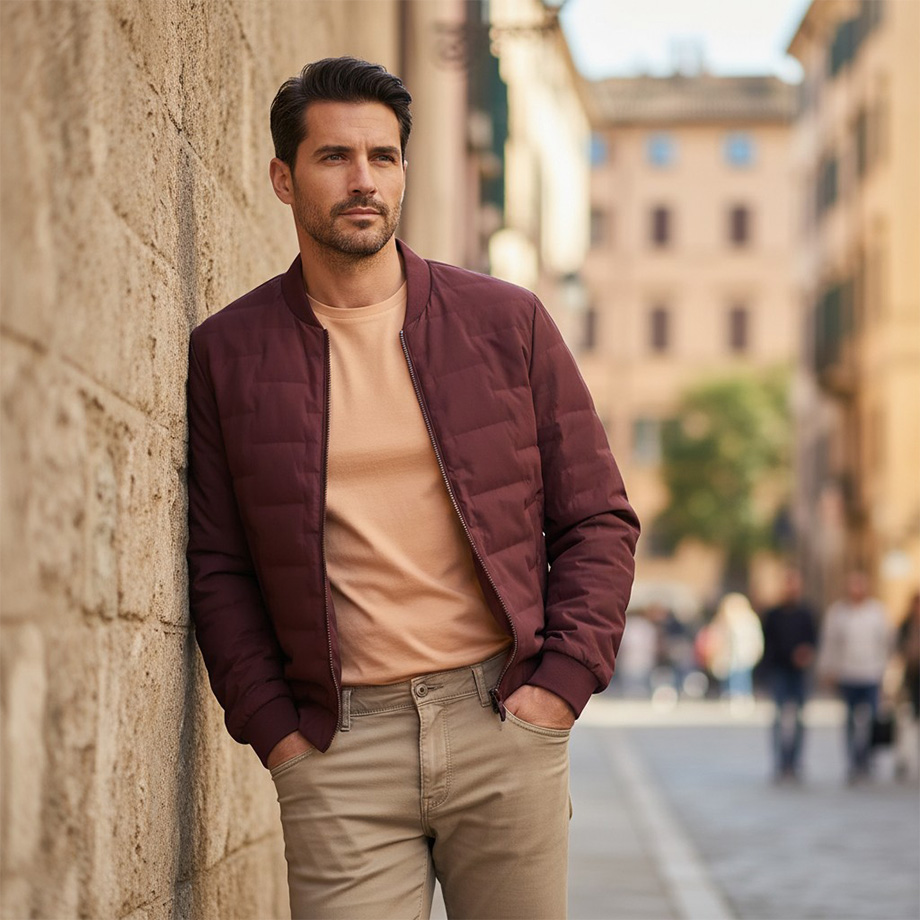 Mann in bordeauxfarbener Steppjacke und beigefarbenem T-Shirt, lässig an Wand gelehnt