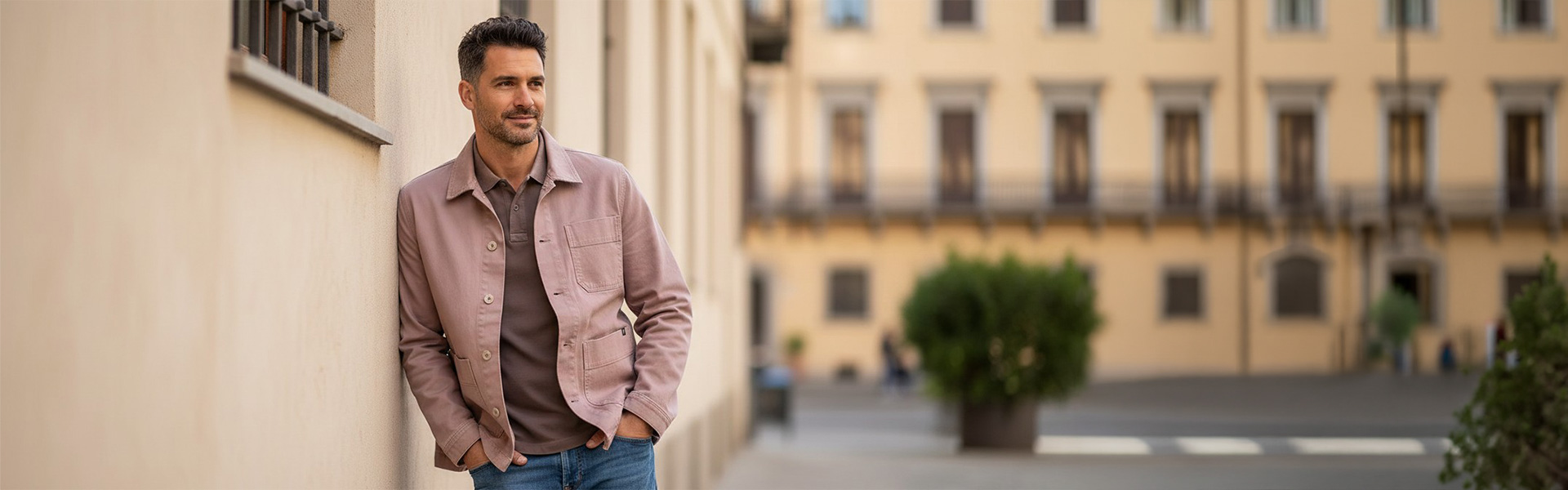 Mann in rosa Sakko und dunkelbraunem Polo, lässig an Hauswand lehnend