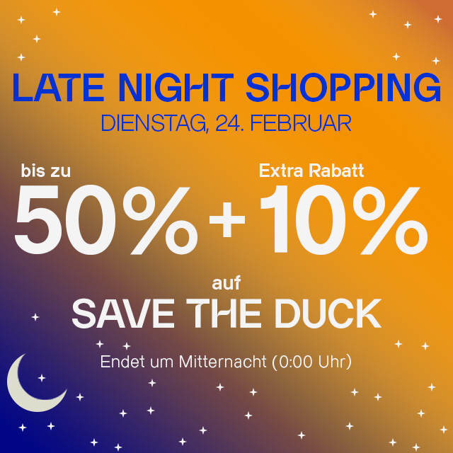 Werbegrafik mit Rabattankündigung für Save the Duck, bis zu 50% Rabatt, extra 10% am 23. Februar