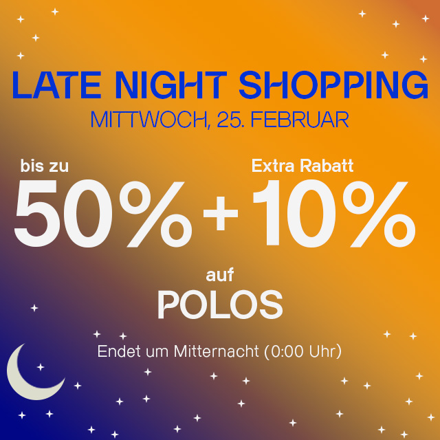 Late-Night-Shopping-Banner, bis zu 50% Rabatt auf Poloshirts, orange-blauer Hintergrund mit Sternen
