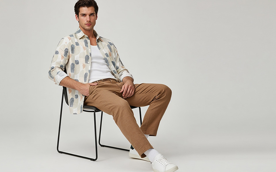 Mann in gemustertem Freizeithemd und beiger Chino, lässig auf Stuhl sitzend