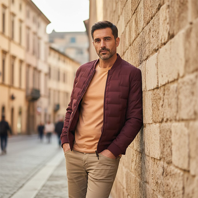 Mann in bordeauxroter Steppjacke und beige T-Shirt, leger an Wand gelehnt