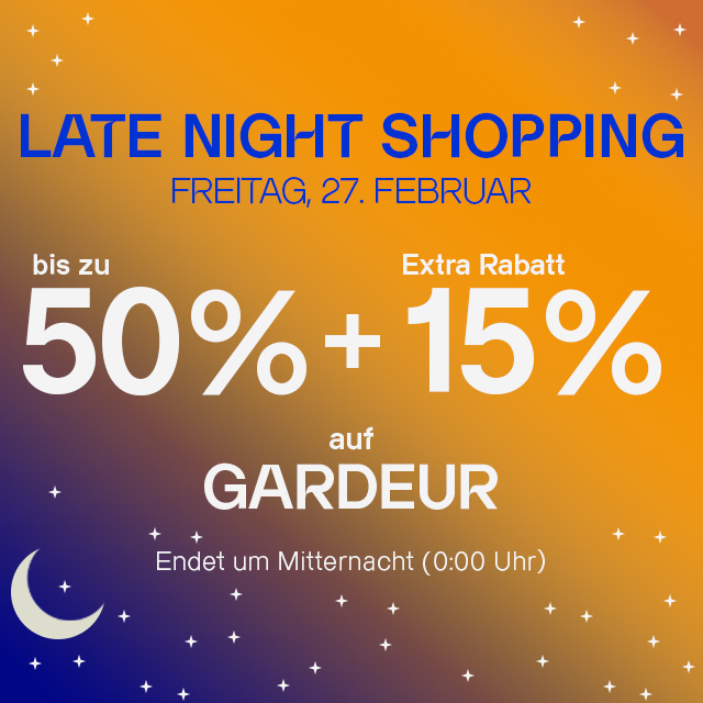 Spätabend-Shopping-Event, Rabatt bis zu 50% plus 15% Extra, Ende um Mitternacht, orange-blauer Hintergrund