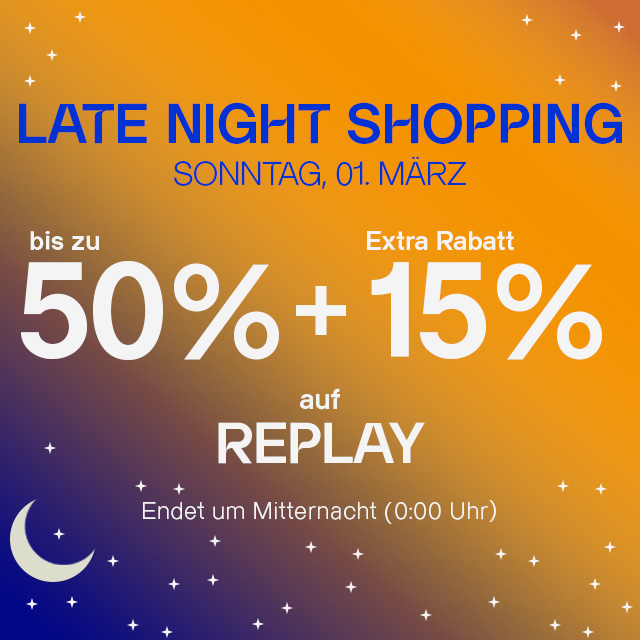 Werbegrafik für late night shopping mit Rabattangaben in Orange und Blau, bis zu 50% plus 15% Extra-Rabatt.